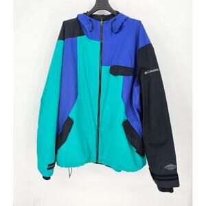Columbia Jacket Blue Teal Hooded Fleece Lined Omni Tech 80s XXL Ski Snowboard